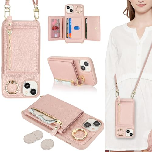 ELTEKER Handyhülle für iPhone 15 Plus Hülle mit Band Kartenfach Ringhalterung Geldbörse,Leder Klapphülle Umhängetasche Handytasche für iPhone 15 Plus - roségold