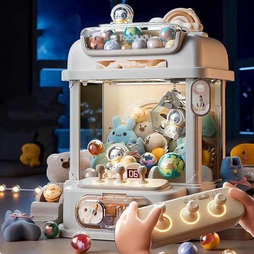 HBDSMLPL Süßigkeiten Automat mit Fernbedienung, Mini Greifautomat mit 8 Planeten,2 Pandapuppen,25 Puppen,20 Gashapons Weihnachtsgeburtstagsgeschenke,White