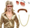 Vokuhila Perücke Herren, 80er Jahre Outfit Perücke Männer Lang 90er Mullet Perücken Blond Accessoires Disco Fasching Wig Zubehör Sonnenbrille Halskette Bart Cosplay Halloween Kostüm Party Mottoparty