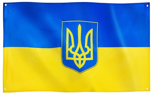 Bandera de Runesol Ucrania, 91 x 152 cm, bandera ucraniana, bandera del escudo de armas de Ucrania, bandera nacional de Ucrania, estandarte de Ucrania, 4 ojales, ojal en cada esquina