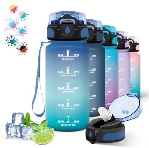 Gourde, 500ml Gourde Enfant, Gourde avec Paille Anti-Fuite, Gourde Graduée pour 1 Journee, Facile à Nettoyer, Gourde Graduée avec Slogan de Motivation, pour l'École, Extérieur, Voyage, Bleu-Vert