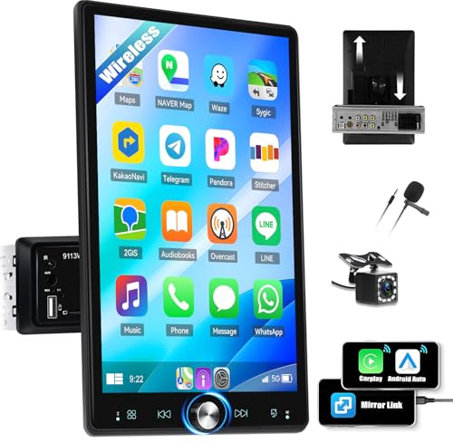 CAMECHO Autoradio 1 Din Wireless Carplay Android Auto 10.4 Pollici Schermo Radio Bluetooth Display Touchscreen Scuotibile con FM/RDS Mirror Link Controllo del Volante +Telecamera di Inversione