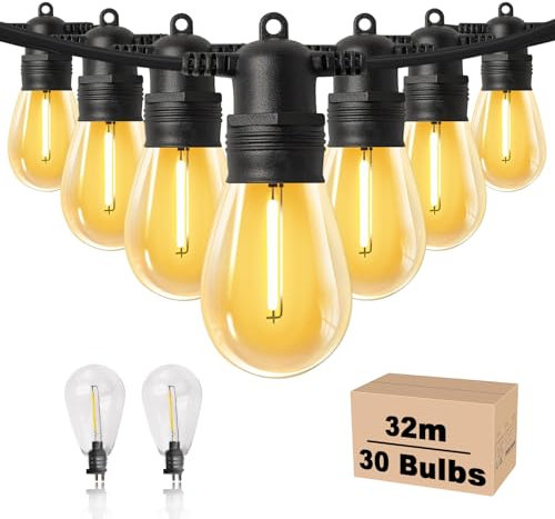 Maihaha 32m Festoon Lights Outdoor, 30x1w Led Dimmable Bulbs, IP65 Waterproof Commercial Grade Outdoor String Lights for Garden, Fence, Pergola, 2200k Warm White (Low Voltage)