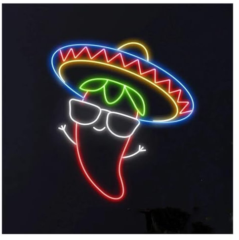 BYNGQW AtmosphäreHeimdekoration Sombrero-Hut-Brille Chili-Neonschild, Mexiko-Chili, Lebensmittelgeschäft, Restaurant, Zimmer, Wandkunst, Dekor, USB-betriebene Lampen, 38cm