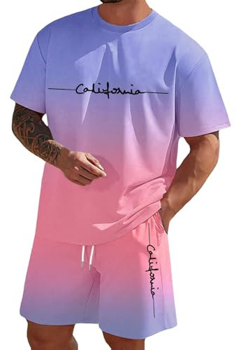 Rrongwn Survêtement d'été Los Angeles 2 pièces pour homme - Dégradé de couleurs - T-shirt et short Y2K - Ensemble 2 pièces - Hip Hop Streetwear - Tenue d'été quotidienne, lilas, L