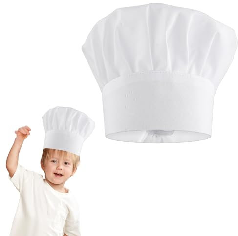 AONAYO Gorro de cocinero para niños, color blanco, gorro de cocina infantil, cierre de velcro, ajustable, elástico, para cocina infantil, 3 – 10, para cocinar, gastronomía, casa, cocina, escuela y