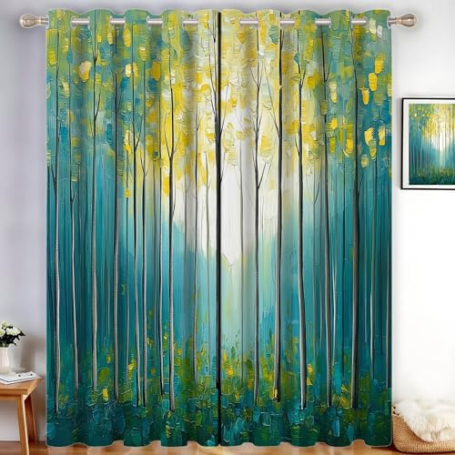Blickdicht Gardinen mit Ösen Dichter Wald Vorhang Schlafzimmer Thermogardinen Gardine Wohnzimmer Vorhänge mit Ölgemälde „Grüner Blattwald“ Verdunkelungsvorhänge, H220 x B140 cm, Türkis, 2er Set