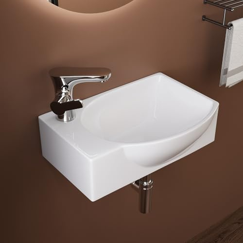 Lavabo mural DeerValley 305×240 mm, vasque rectangulaire en céramique blanche, cuve à gauche avec trou de robinet à droite, idéal pour les petites salles de bain