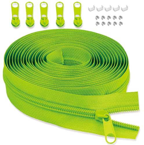 LHZHLE 3mm Endlosreißverschluss Mit Zipper: 3.65m Fluoreszierendes Gelb Nylon Reissverschluss - Meterware mit 5 Reißverschlusszügen für Nähen Bettwäsche und Kopfkissen