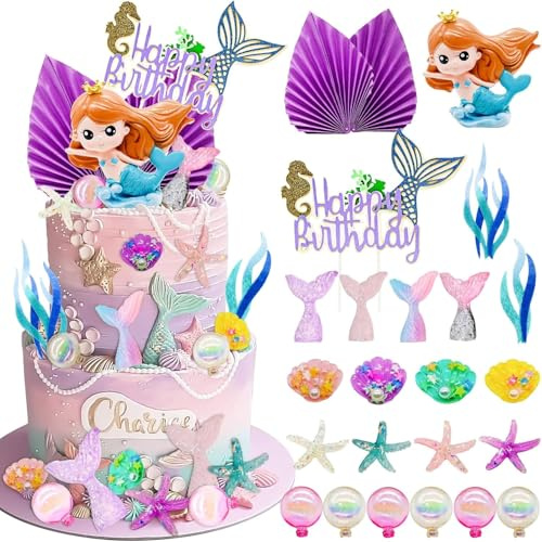 ZWLIYCHN Mermaid Cake Topper 24Pcs, Mermaid Cake Decorations with Ariel, Palm Leaves, Sea Animals & Balls, Mermaid Cupcake Toppers Party Decorations for Princess Mermaid Theme Party