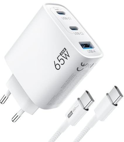 Chargeur USB C 65W 3-Ports GaN III Charge Rapide PD3.0 PPS, avec Câble 1.8M | Compatible avec MacBook Pro/Air/Neo, iPhone 17/16/15, iPad Pro, Samsung Galaxy S25/S24/S23 Ultra, Google Pixel 10/9