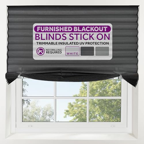FURNISHED Blackout Blinds Stick On - Portable No Drill Blind, Temporary Blackout Cover, No Drilling Pleated Shades, Stick-on Black Out Blinds Window, Removable Blockout Shutters, Grey, 130W x 210H cm