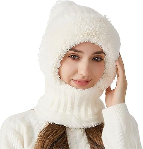 Longgaogao 3-In-1 Sturmhauben Mütze Mit Schal Und Maske,3 in 1 Sturmhaube Mütze Warm Strickmütze & Halswärmer Sets,Halswärmer Sets,Snowboarden, Skifahren, Motorradfahren Winddicht Gesichtshaube(Weiß)