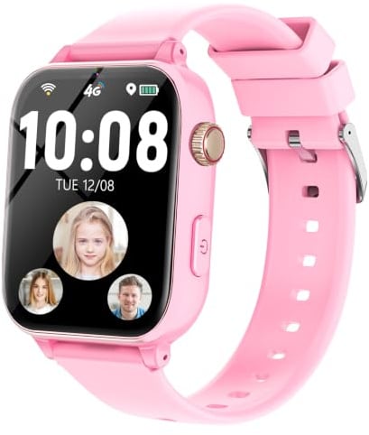 PTHTECHUS Smartwatch für Kinder mit 4G Videoanruf, Voice Chat, Anruffunktion, Schulmodus, GPS, Spiele, Wecker, 2X Uhrarmband‌, Telefonuhr Uhr Kinder Geschenk für Mädchen Jungen 4-12 Jahren (Rosa-A5)