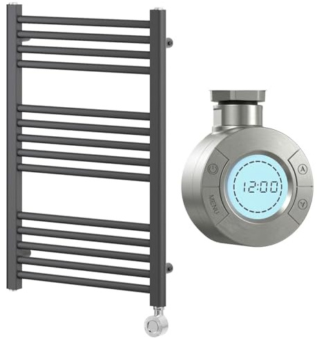 Go Bathrooms Electric Towel Radiator 770x500mm 1000W Grey | Wall-mounted smart electric towel radiator for bathrooms. High-output 1000W warmer in gunmetal grey.