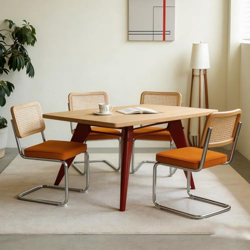 Bladez 4er Set Freischwinger Esszimmerstühle Samt & Rattan – Wiener Geflecht Küchenstühle, Polsterstuhl mit Chromgestell, Mid-Century Cantilever Stühle ，für Esszimmer Wohnzimmer (Orange)