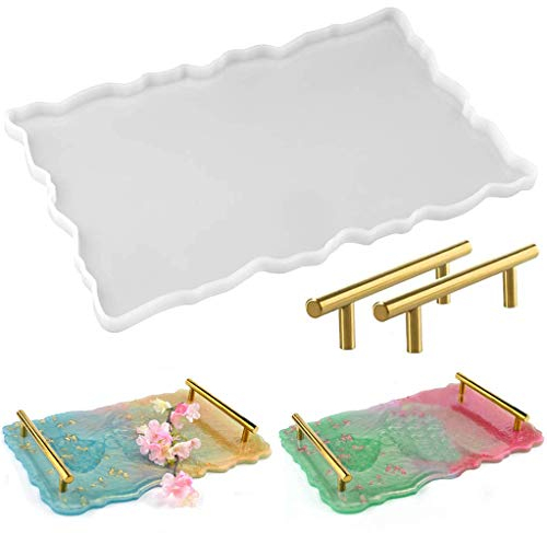 KKSJK Resin Gießharz Silikonform, DIY Tablett Gießform Kit, Unregelmäßigen Mustern Epoxidharz Formen mit 2pcs Goldener Griff, Silikonform Gießform für Home Decoration Kunsthandwerk