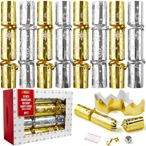 JOYIN 8-pack Xmas No Snap No Popping Party bord med guld och silver snöflinga design, med festhatt, skämt och liten inuti, för jul