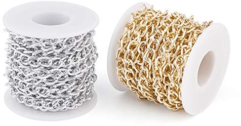 2 rollos de cadenas trenzadas de aluminio dorado y plateado, 10 x 6,5 mm, para collares, accesorios de joyería, bricolaje, total 32.8 pies