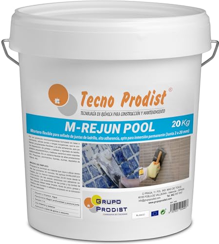 Tecno Prodist - M-REJUN POOL (20 Kg) Mortero flexible para sellado de juntas de baldosas y gresite en piscinas, ceramica, ladrillo, etc, apto para inmersión permanente (Junta 2 a 20 mm) Blanco