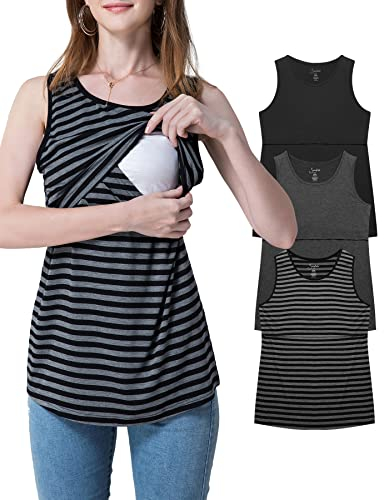 Sosolism 3er-Pack Stilltop Damen Dehnbar Stillshirt Sommer Still Oberteil Ärmellos,Schwarz/Dunkel Grau/Gestreift,Größe XL