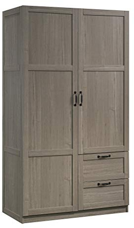 Sauder Select Multipurpose Bedroom Armoire Wardrobe Closet Pantry Storage Cabinet with Storage Drawers and Hanging Rail, in Silver Sycamore