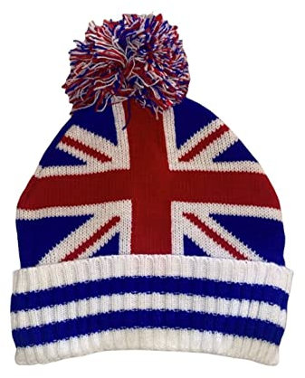 Strickmütze für den Winter, Design: amerikanische Flagge und UK-Flagge, Mütze für Damen und Herren, warm mit Bommel - Beanie - Modell USA und UK, Blau, 56 cm
