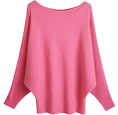 FULIER Pull Femme Col Bateau Pull Tricoté Bat Manches Longues Casual Loose Sweater Taille Unique (Rose)