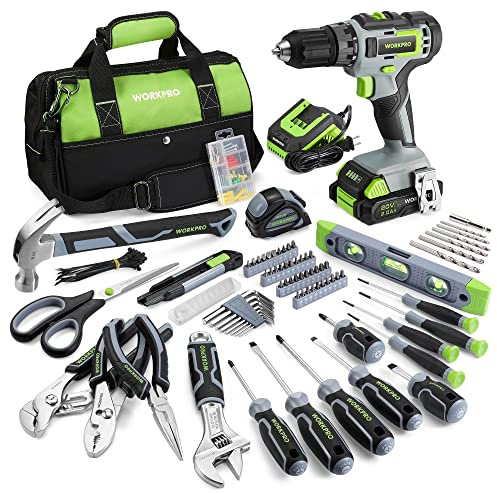 WORKPRO Home Tool Set with 20V Cordless Lithium-Ion Drill Driver, Household Repairing Tool Kit with Drill, 157PCS Power Drill Sets, 14-Inch Wide Mouth Storage Tool Bag, Green