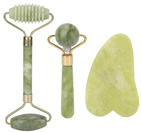 Jade Roller und Gua Sha Set für das Gesicht, 3-teiliges Jadestone Facial Roller Scraping Board, Beauty Skincare Massage Tool Set Zum Entfernen von Falten und Schwellungen
