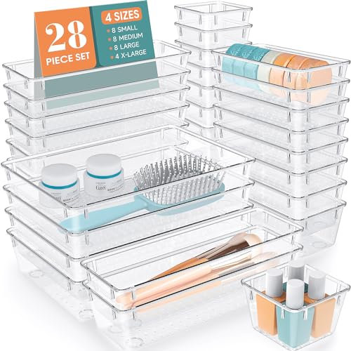 WOWBOX 28-teiliges transparentes Kunststoff-Schubladen-Organizer-Set, 4 Größen Schreibtisch-Schubladenteiler Organizer und Aufbewahrungsbehälter für Make-up, Schmuck, Badezimmer, Büro