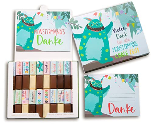 Schokoladenseite Aufkleber-Set & Banderole für Merci Schokolade | Abschiedsgeschenk für Erzieher mit vorgedruckten Aufklebern I Geschenk zum Abschied Erzieherin Kita I Inkl. 2 Danke Karten (Monster)