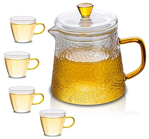 Ecoodisk Conjunto de Tetera de Vidrio Conjunto de té de Alta floración y Hojas Sueltas Conjunto de Tetera pequeña Moderna Contiene 1 Tetera de Vidrio Transparente y 4 Tazas de Vidrio Transparente