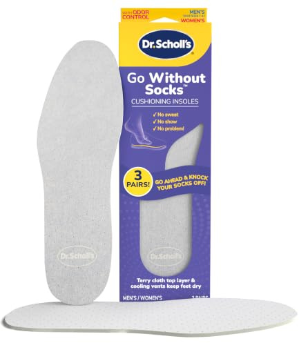 Dr Scholl’s Go Sockless! Cushioning Insoles for Women Men Unisex, 3 Pairs, Trim to Fit - Absorbs Moisture to Keep Feet Dry, Shoe Inserts for Women Men with Plush Terry Cloth Layer for Added Comfort