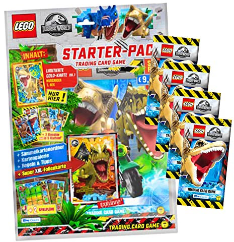 Lego Jurassic World Serie 2 Karten - Trading Cards - 1 Starter + 4 Booster Sammelkarten Bundle + 10 Originale Hüllen