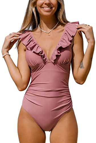Cupshe, Costume da bagno intero contenitivo da donna, con volant e chiusura con lacci, Fagiolo rosa., L