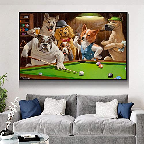 HTWLMM Cartoon-Tier-Hund Der Billard Spielt Leinwand Malerei Kunstdruck Bilder für Wohnzimmer Wandbilder Deko Schlafzimmer Modern Rahmenlos (80X120CM)
