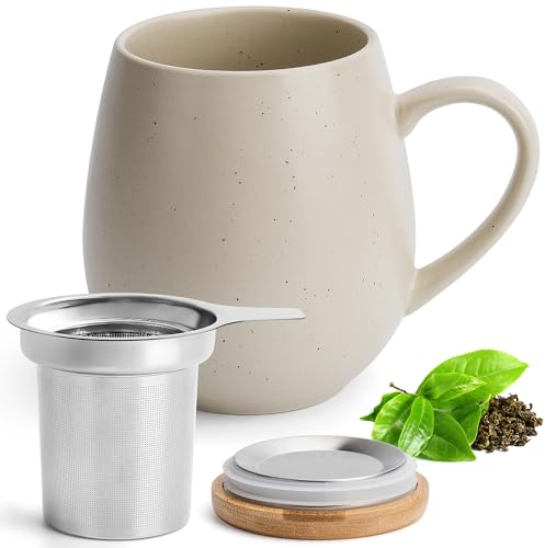 Happy Lemuro Tasse à thé avec couvercle et passoire - 550 ml - grande tasse à thé - avec infuseur - taille XXL - accessoire de thé (Warm Grey)
