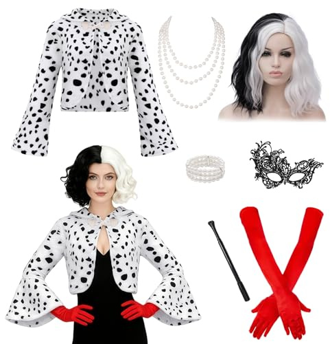 Miulruma Cruella Kostüm für Damen Deluxe Set Cruella Deville Perücke Jacke Handschuhe Cruella Holder Perlenkette für Halloween Mottoparty Karneval Kostüm für Frauen Mädchen A025M