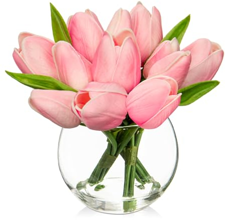 Oairse 14 piccoli fiori artificiali in vaso, tulipani finti realistici al tatto, in vaso di vetro cubo, con mini bouquet di tulipani rosa, decorazione per casa, matrimonio, centrotavola