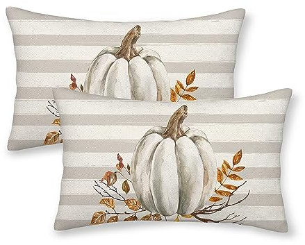 Herbst-Kissenbezüge, 30,5 x 50,8 cm, Set mit 2 Aquarell-Kürbis-Kissenbezügen, graue Streifen, Herbstblumen, dekorative Bauernhaus-Ernte, Dekoration, Kissenbezüge für Zuhause, Sofa, Bett, Couch