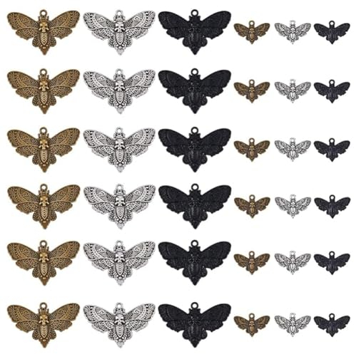 SUPERFINDINGS 36 Stück 6 Stile Legierung Motte Gothic Charms Schwarz Silber Totenkopf Charm Motte Vintage Tier Anhänger Für Halloween Party DIY Schmuck Halskette Armband