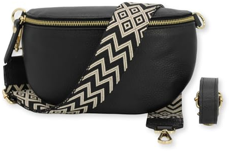 BRISE Bauchtasche Damen Echtleder SAHEL Gold Handgemachte Umhängetasche Crossbody Bag Hüfttasche mit Ledergurt + Optionalen Breiten Gemusterten Riemen Gürteltasche Made in Italy (Schwarz-Gold 2)