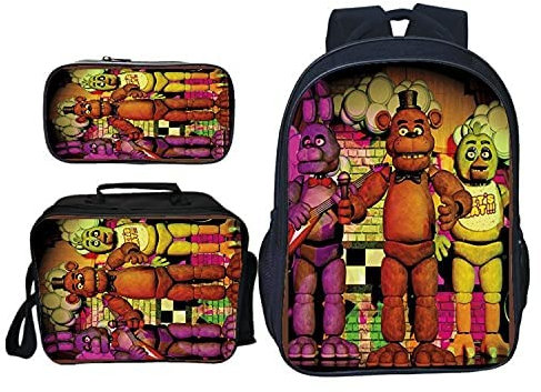 SPSMOKH Five Nights Game FNAF Rucksack, 3-teiliges Set, inklusive Lunchtasche, Schultasche und Federmäppchen für Kinder, Jungen, Mädchen, Teenager, B, 40*30*16cm