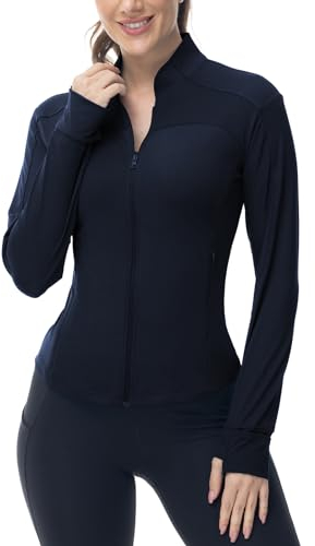 donhobo T-Shirt Damen Gym Sport Tops Langarm Sportshirt Leicht Atmungsaktive Zip Up Running Workout Slim Fit Yoga Jacke mit Daumenlöchern, Marine, L