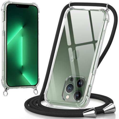 Oelrstfe Coque pour iPhone 13 Pro avec Cordon, Transparente Silicone Housse avec Réglable Cordage - Collier Case Protection pour iPhone 13Pro, Bandoulière - Noir