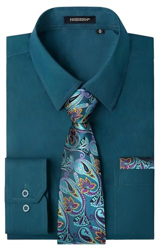 HISDERN Herren Hemd Langarm Teal Hemd mit Krawatte Formelle Einfarbige Business Freizeithemden mit Brusttasche Regular Fit L