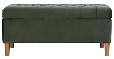 Homepop Home Decor | Tufted Ainsley Button Storage Ottoman Bench with Hinged Lid | Ottoman Bench with Storage for Living Room & Bedroom,Loden Green Velvet