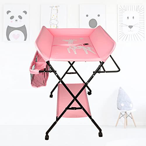 XUANYU Table a Langer Pliante Plan a Langer sans Baignoire Table à Langer Pliable avec Espace de Rangement Réglable en Hauteur 92/95/98 cm Jusqu'à 15 kg, Rose-noir A, 80×66×(92-98) cm