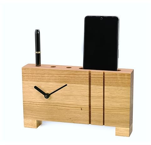Natuhr Tischuhr Eiche geölt massiv - Dock - Stiftehalter Smartphonehalter 24 x 14 cm (Funkuhrwerk)
